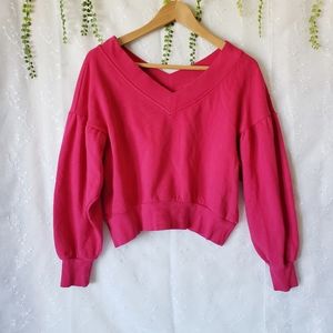 Fuchsia Pink Cropped V Neck Sweatshirt